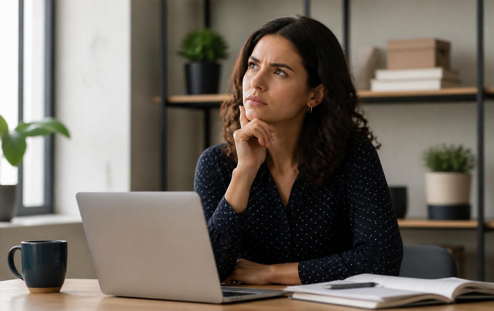 Femme entrepreneure s'interrogeant devant son ordinateur sur la Carte G